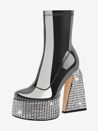 ブラック ブラック ラインストーン アンクルブーツ プラットフォーム ラウンドトゥ チャンキーヒール ブーティ