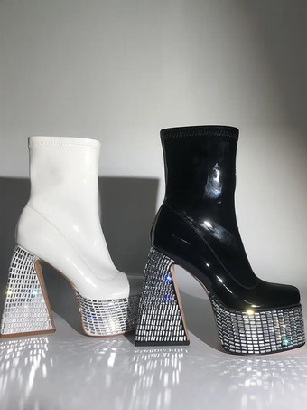 ブラック ラインストーン アンクルブーツ プラットフォーム ラウンドトゥ チャンキーヒール ブーティ