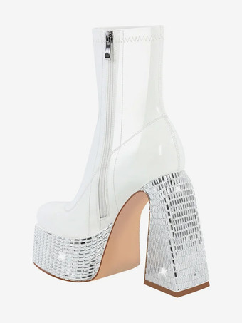 ブラック ラインストーン アンクルブーツ プラットフォーム ラウンドトゥ チャンキーヒール ブーティ