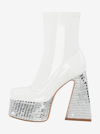 ブラック ラインストーン アンクルブーツ プラットフォーム ラウンドトゥ チャンキーヒール ブーティ