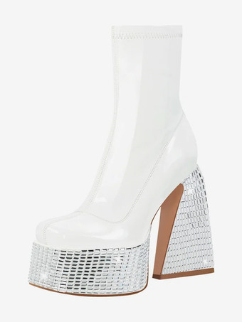 ホワイト ブラック ラインストーン アンクルブーツ プラットフォーム ラウンドトゥ チャンキーヒール ブーティ