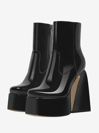 ブラック ピンクのプラットフォーム アンクルブーツ ラウンドトゥ チャンキーヒール ブーティ