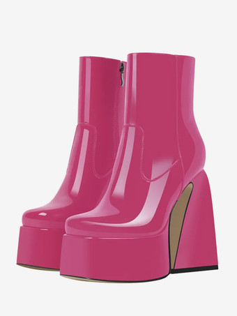 ローズレッドピンクのプラットフォーム アンクルブーツ ラウンドトゥ チャンキーヒール ブーティ