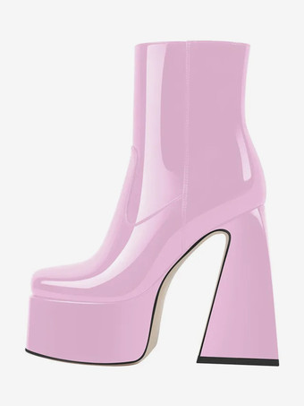 ピンクのプラットフォーム アンクルブーツ ラウンドトゥ チャンキーヒール ブーティ