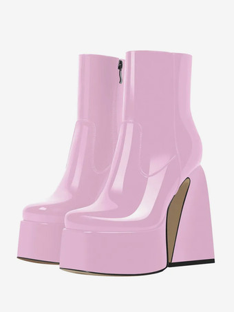 ライトピンクピンクのプラットフォーム アンクルブーツ ラウンドトゥ チャンキーヒール ブーティ