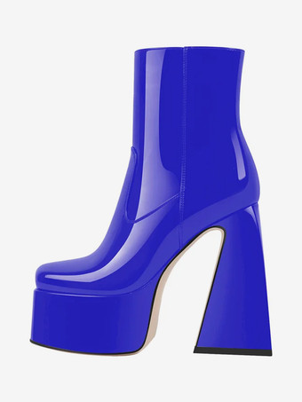ロイヤルブルーピンクのプラットフォーム アンクルブーツ ラウンドトゥ チャンキーヒール ブーティ