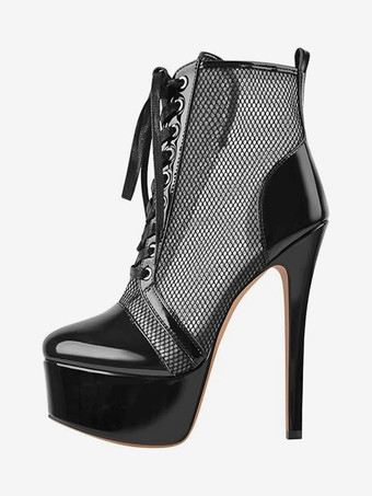 ブラック メッシュプラットフォームセクシーなアンクルブーツレディースレースアップハイヒールブーティプラスサイズ