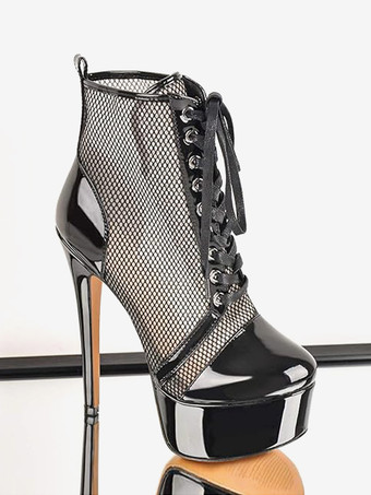 メッシュプラットフォームセクシーなアンクルブーツレディースレースアップハイヒールブーティプラスサイズ