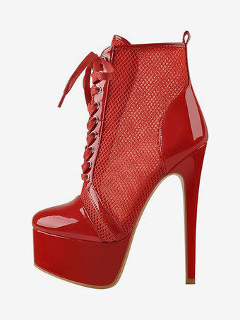 メッシュプラットフォームセクシーなアンクルブーツレディースレースアップハイヒールブーティプラスサイズ