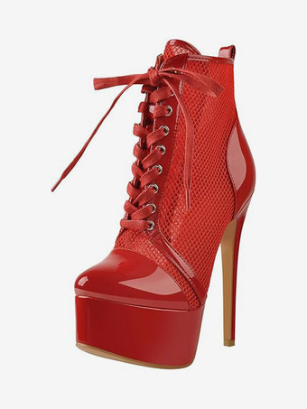 エンバーレッドメッシュプラットフォームセクシーなアンクルブーツレディースレースアップハイヒールブーティプラスサイズ