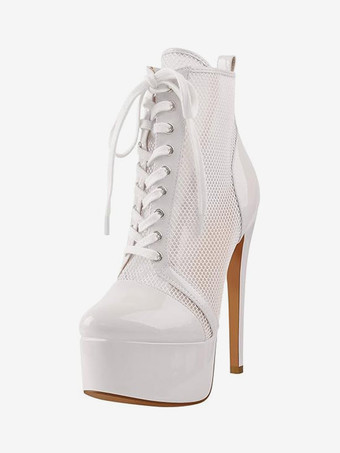 メッシュプラットフォームセクシーなアンクルブーツレディースレースアップハイヒールブーティプラスサイズ