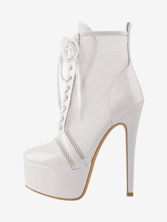 ホワイト メッシュプラットフォームセクシーなアンクルブーツレディースレースアップハイヒールブーティプラスサイズ