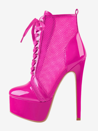 ローズレッドメッシュプラットフォームセクシーなアンクルブーツレディースレースアップハイヒールブーティプラスサイズ