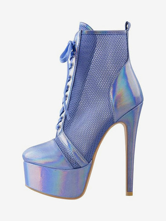 メッシュプラットフォームセクシーなアンクルブーツレディースレースアップハイヒールブーティプラスサイズ