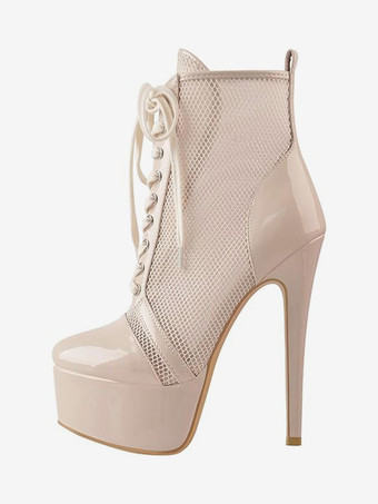 メッシュプラットフォームセクシーなアンクルブーツレディースレースアップハイヒールブーティプラスサイズ