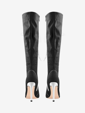 プラスサイズ ニーハイブーツ レースアップ キャンバス ポインテッドトゥ スポーツデザイン ハイヒールブーツ