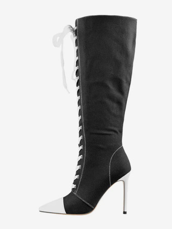 ブラック プラスサイズ ニーハイブーツ レースアップ キャンバス ポインテッドトゥ スポーツデザイン ハイヒールブーツ