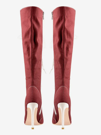 プラスサイズ ニーハイブーツ レースアップ キャンバス ポインテッドトゥ スポーツデザイン ハイヒールブーツ