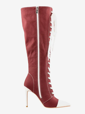 プラスサイズ ニーハイブーツ レースアップ キャンバス ポインテッドトゥ スポーツデザイン ハイヒールブーツ