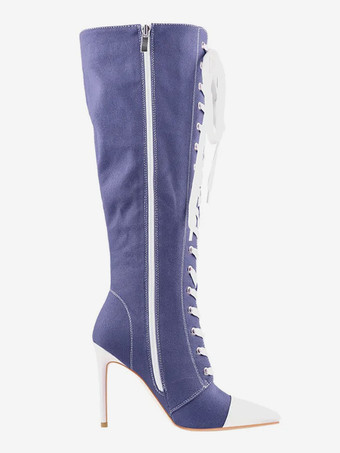 プラスサイズ ニーハイブーツ レースアップ キャンバス ポインテッドトゥ スポーツデザイン ハイヒールブーツ