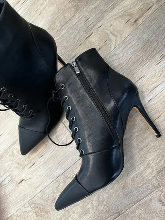 Botines con cordones negros Botines de vestir con tacón de aguja y punta puntiaguda