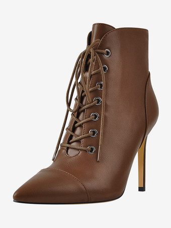 MarrónBotines con cordones negros Botines de vestir con tacón de aguja y punta puntiaguda