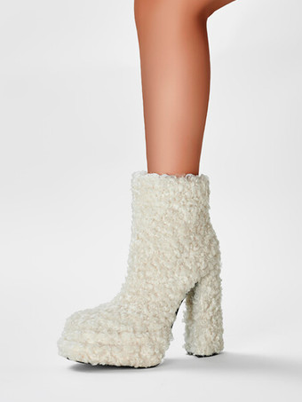 ホワイト フェイクシアリング アンクルブーツ ホワイト プラットフォーム ラウンドトゥ チャンキーヒール ブーティ