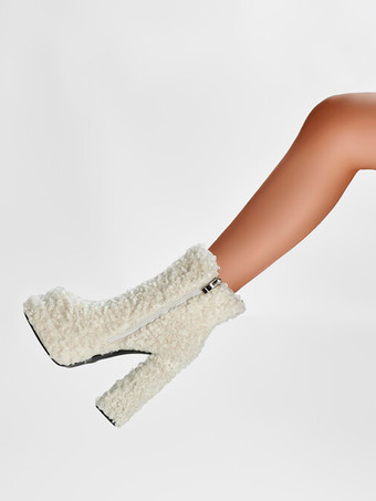 フェイクシアリング アンクルブーツ ホワイト プラットフォーム ラウンドトゥ チャンキーヒール ブーティ