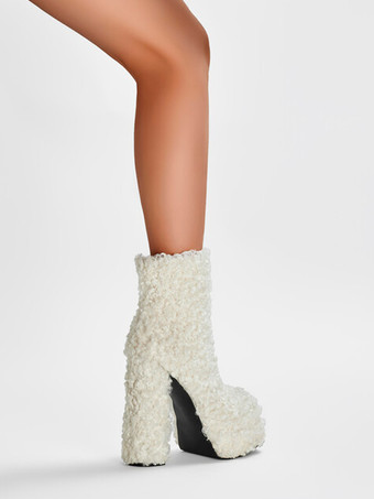 フェイクシアリング アンクルブーツ ホワイト プラットフォーム ラウンドトゥ チャンキーヒール ブーティ