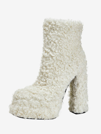 フェイクシアリング アンクルブーツ ホワイト プラットフォーム ラウンドトゥ チャンキーヒール ブーティ