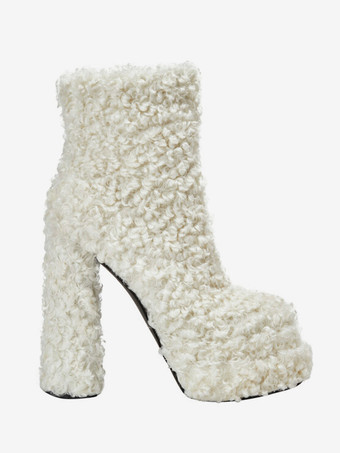 フェイクシアリング アンクルブーツ ホワイト プラットフォーム ラウンドトゥ チャンキーヒール ブーティ