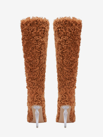 フェイクファーニーハイブーツ ハイヒール ブラウン スティレットヒール 膝丈ブーツ