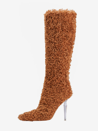 フェイクファーニーハイブーツ ハイヒール ブラウン スティレットヒール 膝丈ブーツ