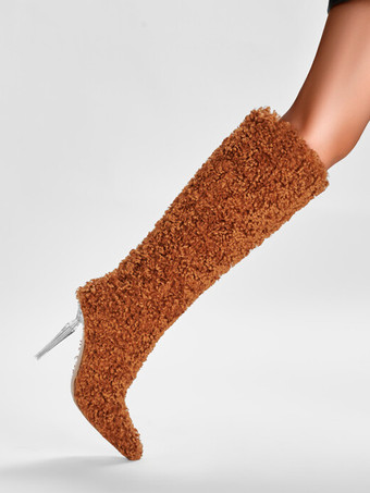 フェイクファーニーハイブーツ ハイヒール ブラウン スティレットヒール 膝丈ブーツ