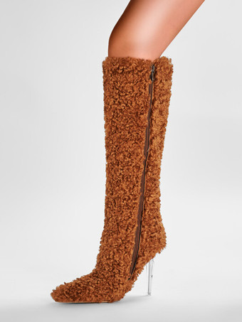 フェイクファーニーハイブーツ ハイヒール ブラウン スティレットヒール 膝丈ブーツ