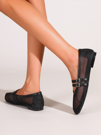 ブラック メッシュ バレエ フラット メリージェーン ラウンド トゥ バックル ディテール バレリーナ フラット