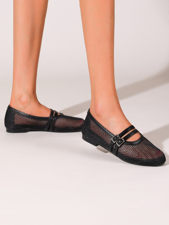 メッシュ バレエ フラット メリージェーン ラウンド トゥ バックル ディテール バレリーナ フラット