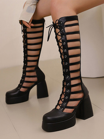 ブラック シルバーカットアウトセクシーニーハイブーツスクエアトゥチャンキーヒールレースアップブーツ