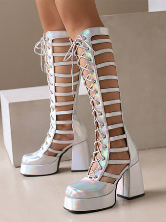 シルバー シルバーカットアウトセクシーニーハイブーツスクエアトゥチャンキーヒールレースアップブーツ