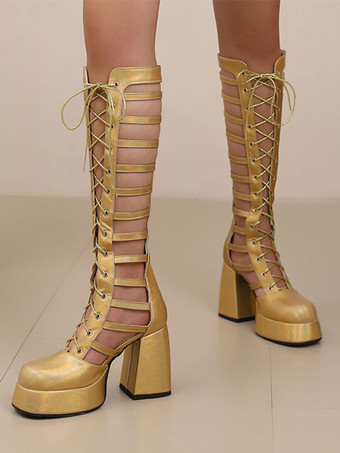 ゴールド シルバーカットアウトセクシーニーハイブーツスクエアトゥチャンキーヒールレースアップブーツ