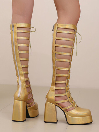 シルバーカットアウトセクシーニーハイブーツスクエアトゥチャンキーヒールレースアップブーツ