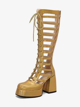 シルバーカットアウトセクシーニーハイブーツスクエアトゥチャンキーヒールレースアップブーツ