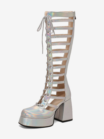 シルバーカットアウトセクシーニーハイブーツスクエアトゥチャンキーヒールレースアップブーツ