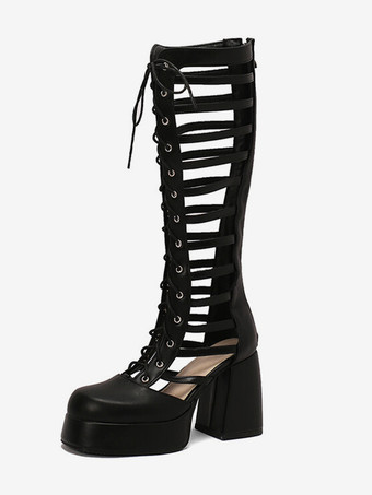 シルバーカットアウトセクシーニーハイブーツスクエアトゥチャンキーヒールレースアップブーツ
