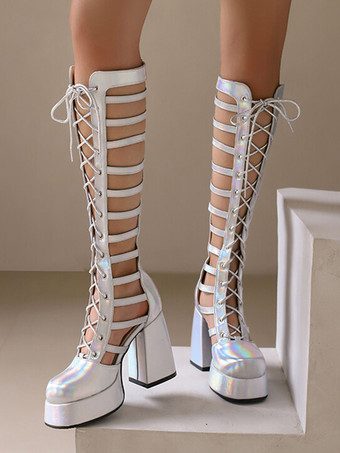 シルバーカットアウトセクシーニーハイブーツスクエアトゥチャンキーヒールレースアップブーツ