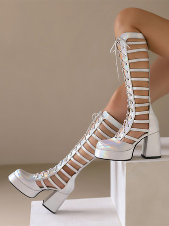 シルバーカットアウトセクシーニーハイブーツスクエアトゥチャンキーヒールレースアップブーツ