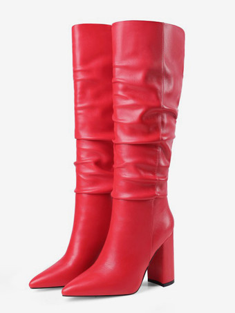 レッド ブラック ルーシュ ニーハイブーツ チャンキーヒール ポインテッドトゥブーツ レディース