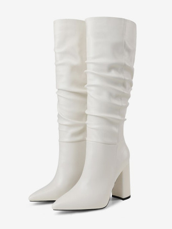 アイボリー ブラック ルーシュ ニーハイブーツ チャンキーヒール ポインテッドトゥブーツ レディース