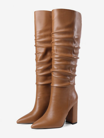 ブラウン ブラック ルーシュ ニーハイブーツ チャンキーヒール ポインテッドトゥブーツ レディース