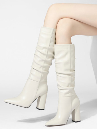 ブラック ルーシュ ニーハイブーツ チャンキーヒール ポインテッドトゥブーツ レディース